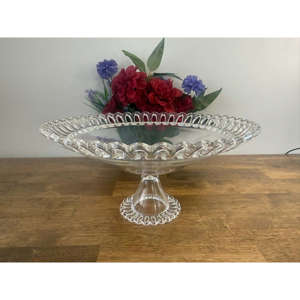Vintage Clear Glass Pedestalβ Cake Stand Open Lace Edge Dessert Platter Wedding
